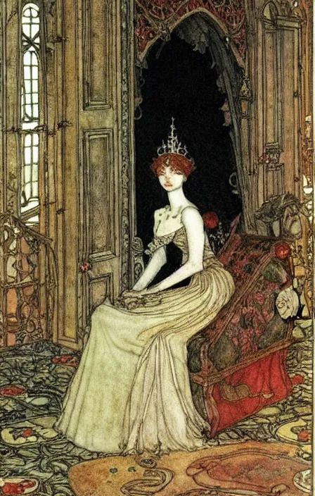 Image similar to fairy tale princess in a throne room by carl larsson, arthur rackham