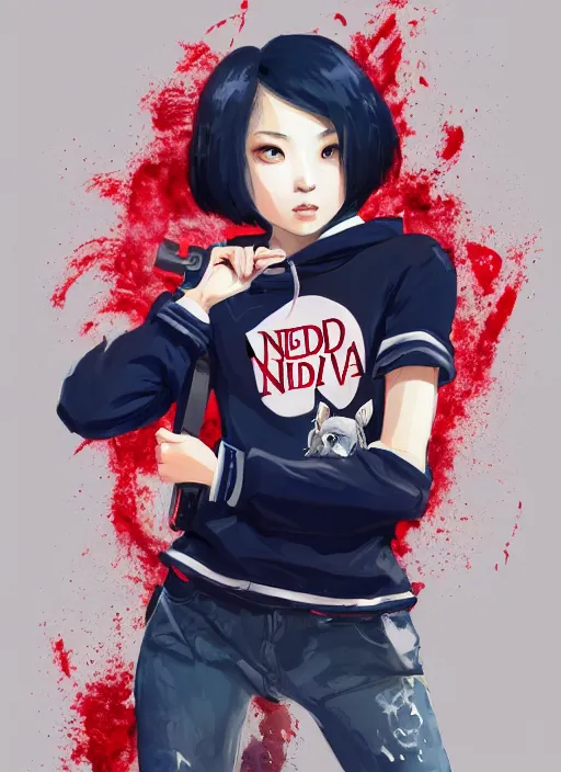 Image similar to a highly detailed illustration of black short hair cute japanese girl wearing blood stained navy hoodie with the word nevada on it, dramatic smile pose, intricate, elegant, highly detailed, centered, digital painting, artstation, concept art, smooth, sharp focus, league of legends concept art, WLOP