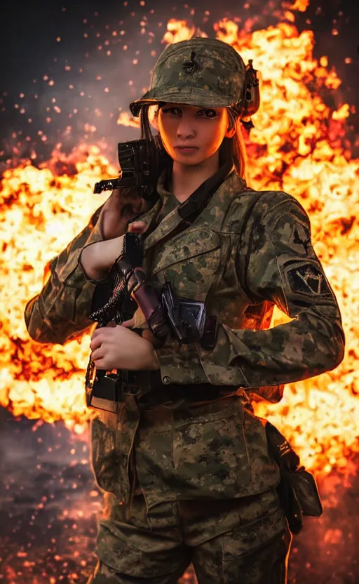 Prompt: portrait photo of a girl, highly detailed, flames in the background, high resolution, cosplay photo, stunning, girls frontline style, bokeh soft, shot on 70mm, zenithal lightning, trending on instagram, by award winning photographer, realistic human anatomy, real human faces, realistic military carrier, soldier clothing, modern warfare, salute pose, shot with a professional camera, low saturation, soldier clothing