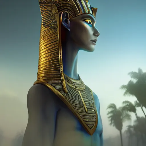 Image similar to portrait of an egyptian god, fantasy ,volumetric lighting, intricate, elegant, hyperdetailed 3d matte painting, highly detailed, digital painting, artstation, smooth, sharp focus, illustration, art by Makoto Shinkai and artgerm, hyperrealism, hyperrealistic, cinematic masterpiece, fantasy style 8k ultrahd octane render