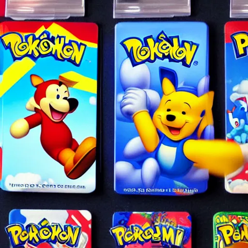 Image similar to photograph of winnie the pooh and super mario and sonic the hedgehog anime style, on pokemon card packs at target