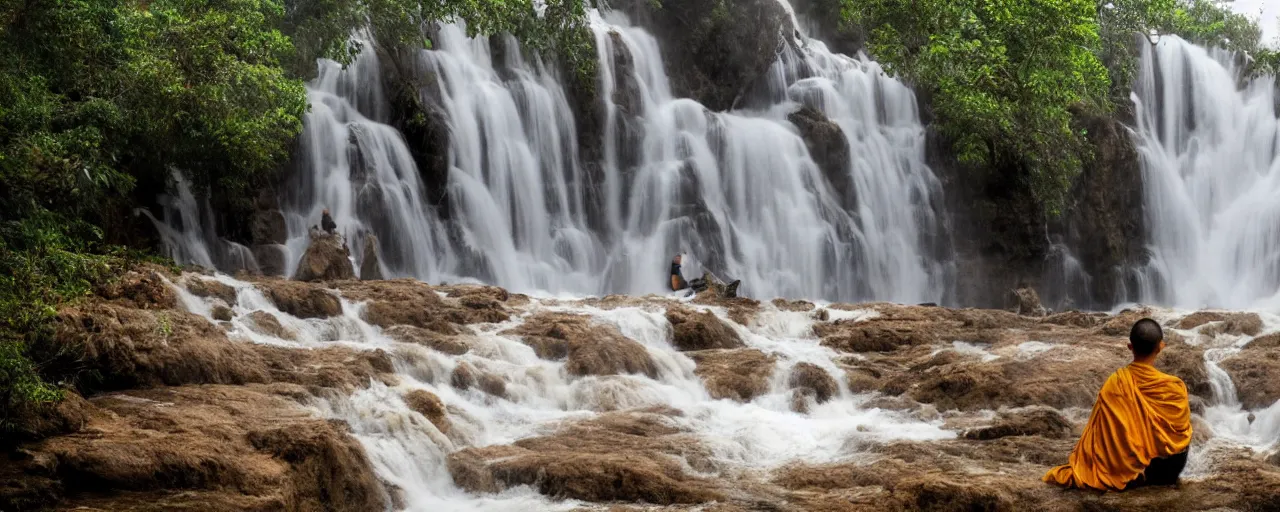 Image similar to a simply breathtaking shot of mediating monk at pongour falls in dalat, 7 layers waterfall, dang ngo