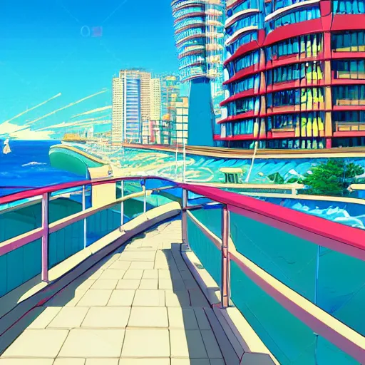 Image similar to oceanfront walkway, futuristic city, colorful city, curved railing, long railing, shining sea, cel - shading, 2 0 0 1 anime, cel - shaded, bright sunshine, colorful buildings