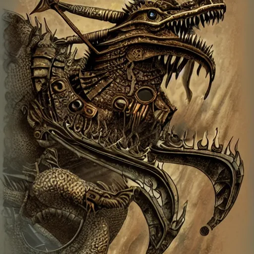 Image similar to a dragon with steam punk machine on it's side, book illustration