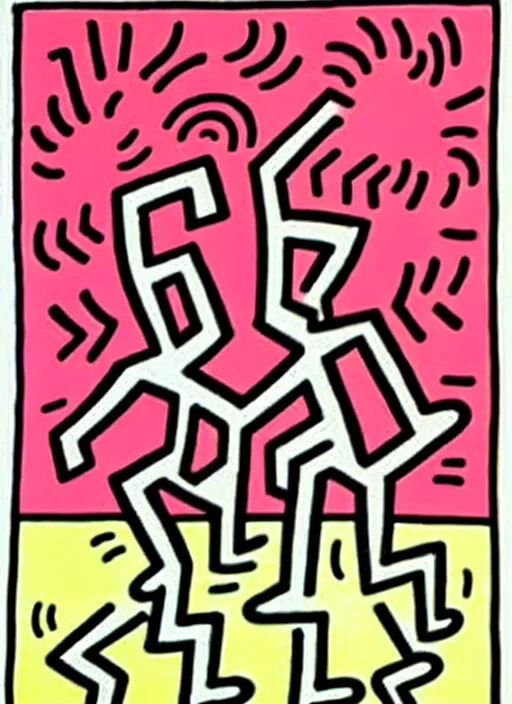 Image similar to image of beautyful female dancing with two dogs by keith haring,