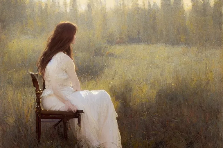 Prompt: woman with flowing long hair, lace dress, back view, sitting on designer chair, backlit, by jeremy lipking, scott burdick, ron hicks