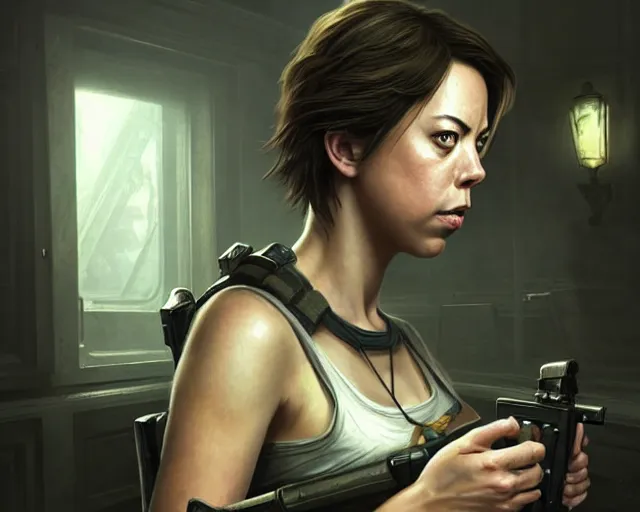 Image similar to a gaming screenshot still portrait of aubrey plaza in resident evil, deep focus, d & d, fantasy, intricate, elegant, highly detailed, digital painting, artstation, concept art, matte, sharp focus, illustration, dark fantasy style art, hearthstone, art by artgerm and greg rutkowski and alphonse mucha