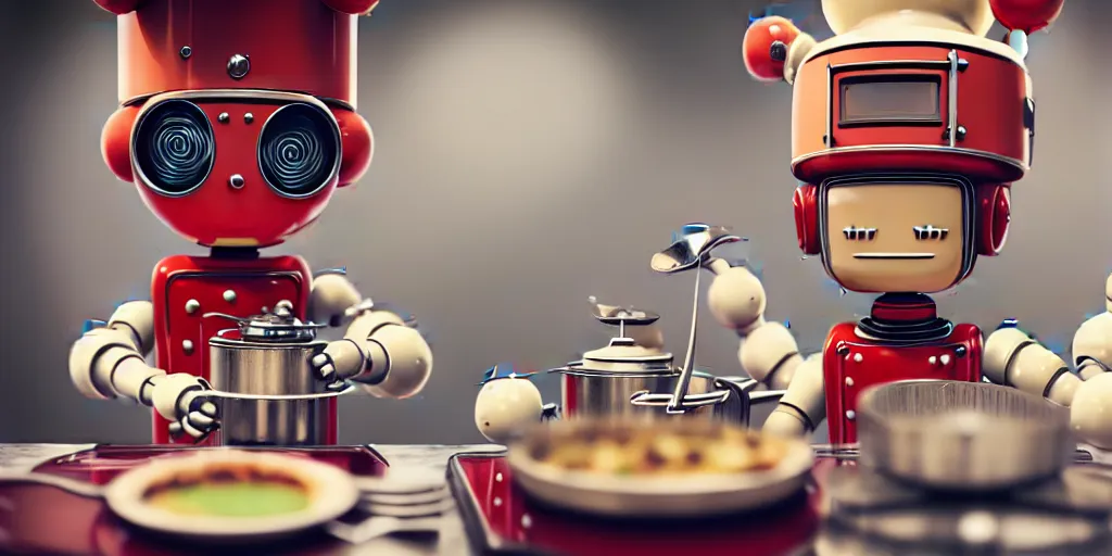 Image similar to closeup portrait of tin toy retro robot chef cooking pastry in a kitchen, depth of field, zeiss lens, detailed, centered, fashion photoshoot, by nicoletta ceccoli, mark ryden, lostfish, breathtaking, 8 k resolution, extremely detailed, beautiful, establishing shot, artistic, hyperrealistic, octane render