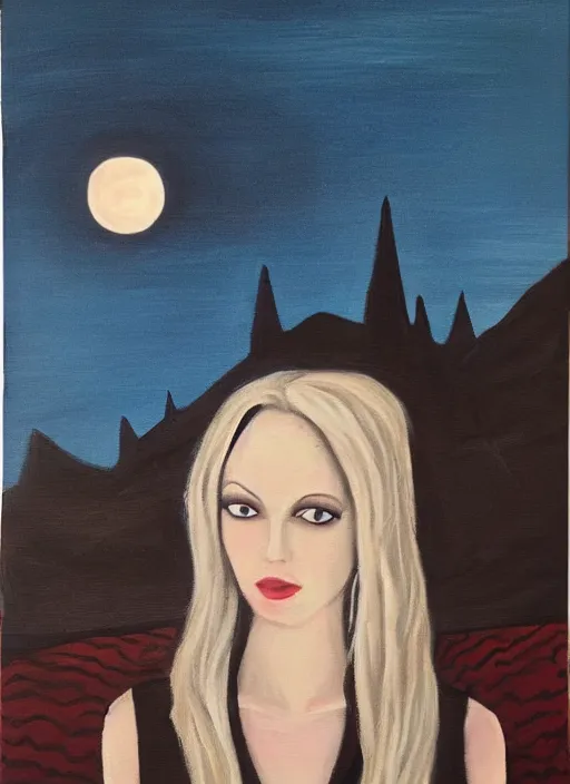 Prompt: portrait of beautiful blonde woman as a Dark evil witch, big moon in the background, oil painting by Dalle