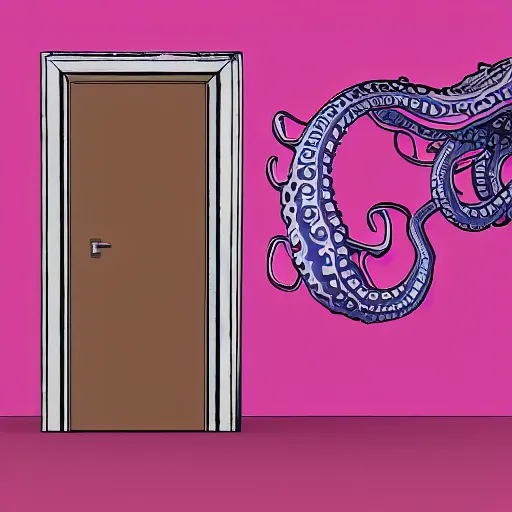 Image similar to isometric view of pink giant octopus tentacles sqeezing through door. cartoonish, 3 d, arnold render