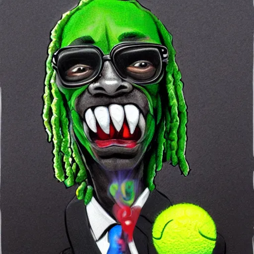 Image similar to snoop dogg tennis ball monster ,tennis ball, digital art,epic, smoking weed, Marijuana, fantasy,chalk, magic, trending on artstation, ultra detailed, professional illustration by Basil Gogos