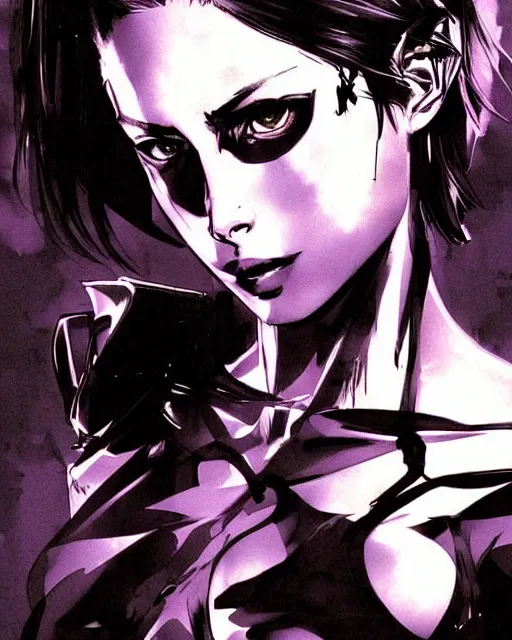 Image similar to style of yoji shinkawa, rafael albuquerque : : gorgeous willa holland : : evil demon : : symmetrical face, symmetrical eyes : : gorgeous black hair : : magic lighting, low spacial lighting : :