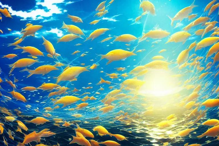 Image similar to portrait of goldfishes swarming the ocean. shadow and light. rays of light. energetic, dynamic, lively, detailed, intricate, complex. fine art by hayao miyazaki, akita toriyama, and makoto shinkai.