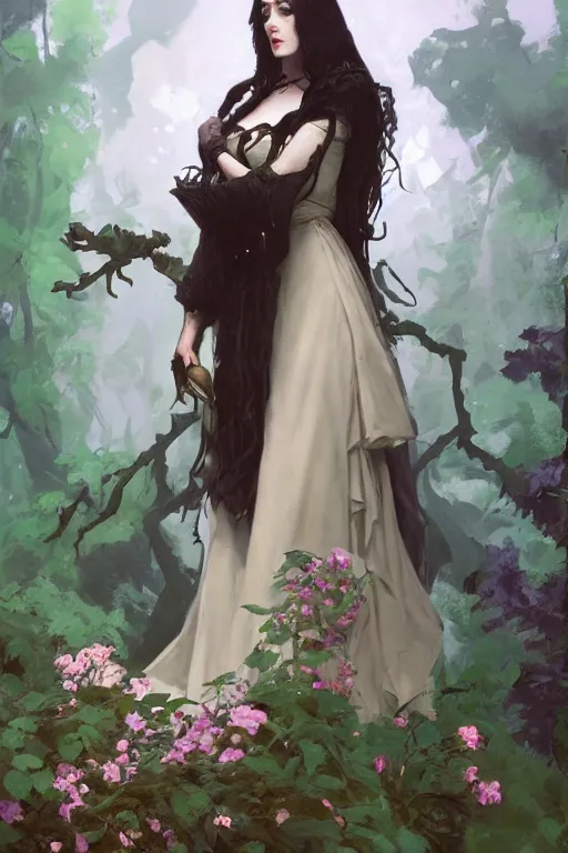 Image similar to hagrid the viking and gothic medieval morticia addams walking in enchanted forest with flowers, greg manchess painting by sargent and leyendecker, fantasy medium shot asymmetrical intricate elegant matte painting illustration hearthstone, by greg rutkowski by greg tocchini by james gilleard