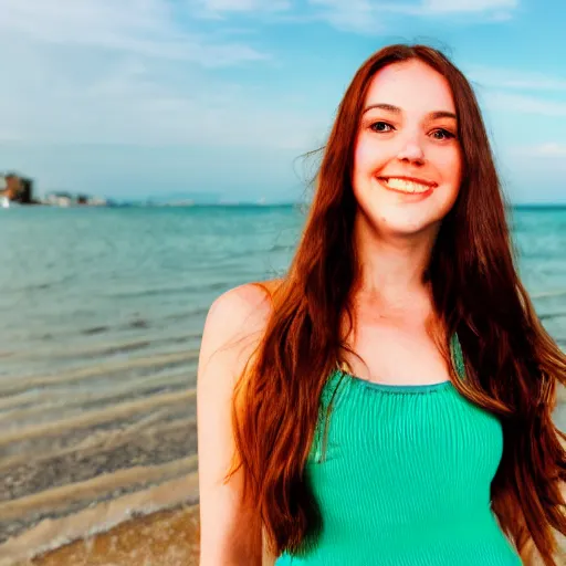 Prompt: Cute young woman, long shiny bronze brown hair, green eyes, cute freckles, soft smile, golden hour, beach setting medium shot, mid-shot