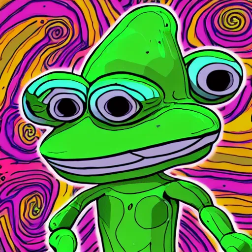 Prompt: a 3 d render of a psychedelic pepe, tripping on mushrooms, floating in space, hd, digital art