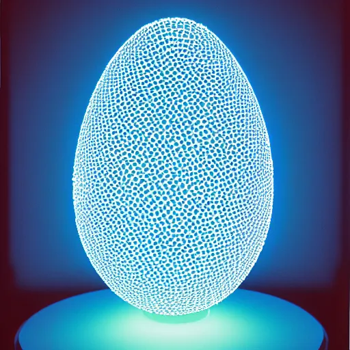 Image similar to portrait of a plasma energy tron dinosaur egg in the shape of a random geometric shape, made up of glowing electric plates and patterns. cinestill