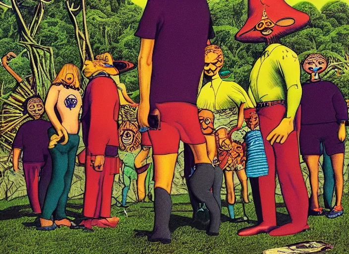 Prompt: dramatic color photo of dadcore occult wizards on vacation by basil wolverton at pedroland park by robert crumb by william eggleston by annie leibovitz, detailed and creepy, fujifilm velvia 5 0, color photography, sigma 2 8 mm