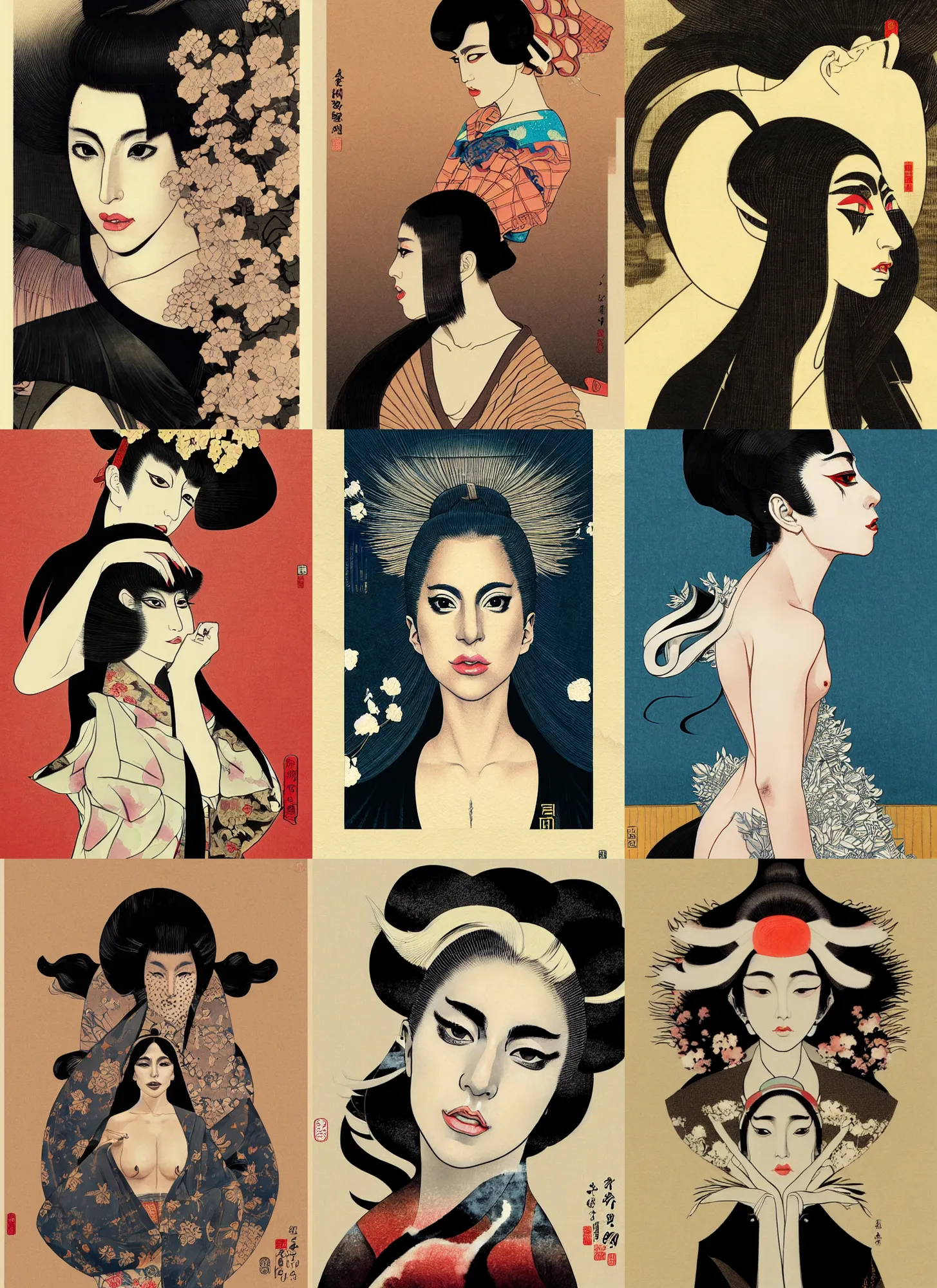 Prompt: a portrait of lady gaga. shin hanga and kawanabe kyosai and cory loftis and rossdraws and wlop and jung gi kim rule of thirds