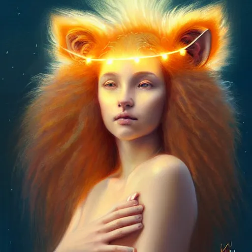 Image similar to Portrait of a girl angel with pale orange colored frizzy strands of illuminated hair, cat ears on her head, glowing halo, Lion's Mane, Lion's Gate, fantasy, intricate, elegant, highly detailed, digital painting, artstation, concept art, smooth, sharp focus, illustration, art by Krenz Cushart and Artem Demura and alphonse mucha