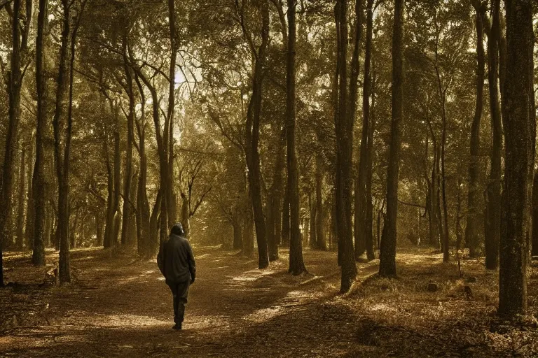 Image similar to a walking man in a forrest, Moody light, beautiful trees, insanely detailed