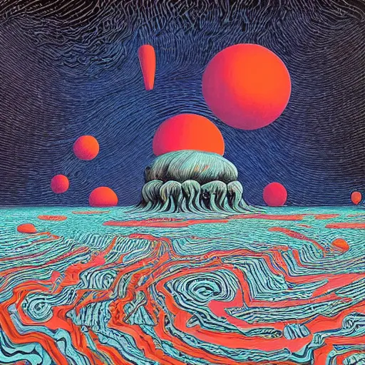 Image similar to deep canyons on an alien planet landscape with bizarre buildings and walking humanoids. Jeffrey Smith, Stanley Donwood