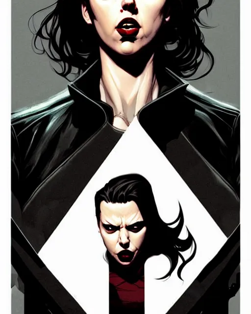 Image similar to rafael albuquerque comic art, peter mohrbacher, steve niles, phil noto, artgerm, pretty scarlett johansson vampire sharp vampire teeth open mouth, symmetrical eyes, black leather jacket, jeans, long blonde hair