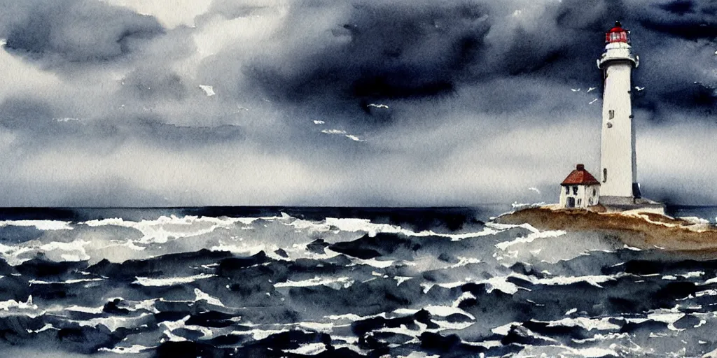 Prompt: stormy sea and dramatic sky, a lighthouse on a cliff, watercolor, artstation, realistic, moody
