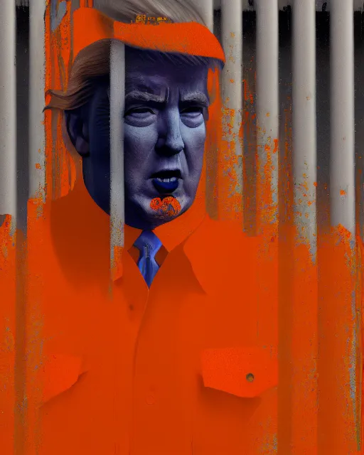 Image similar to a portrait of Donald trump wearing a orange jumpsuit in jail by craig mullins, octane, 35mm photo,