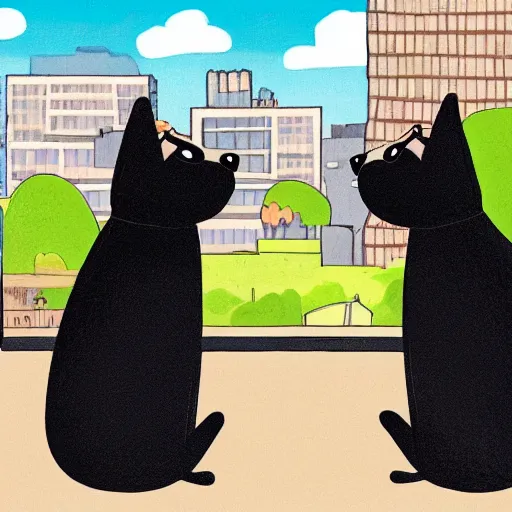 Prompt: a black cat and pug dog hold hands while looking at the city, detailed, contest winner, fursona, anthro, furry