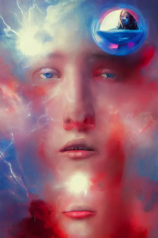 Image similar to 3 d, sci - fi, morning, madness fashion model face, sun, cinematic, lightning clouds, vogue cover style, light red and deep blue mood, realistic painting, intricate oil painting, high detail, figurative art, multiple exposure, poster art, 3 d, by stanley kubrick and tooth wu and wlop and beeple and greg rutkowski