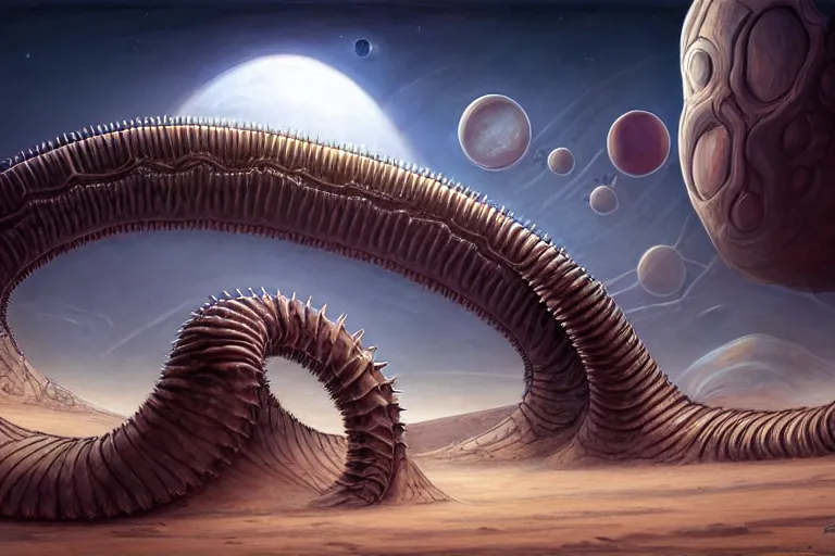 Prompt: man in a biomechanical suit with a breathing apparatus, wearing rags, suns set on a desert planet, a large monolithic vehicle sucks up sand, fierce giant sandworm with thousands of teeth, by moebius and artgerm, highly detailed, cloud nebula, concept art