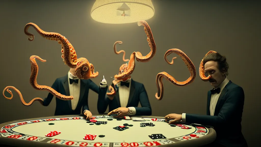 Image similar to hyperrealism simulation highly detailed human octopuses'wearing detailed tuxedos and smoking, playing poker in surreal scene from art house movie from future by wes anderson and denis villeneuve and mike winkelmann rendered in blender and octane render