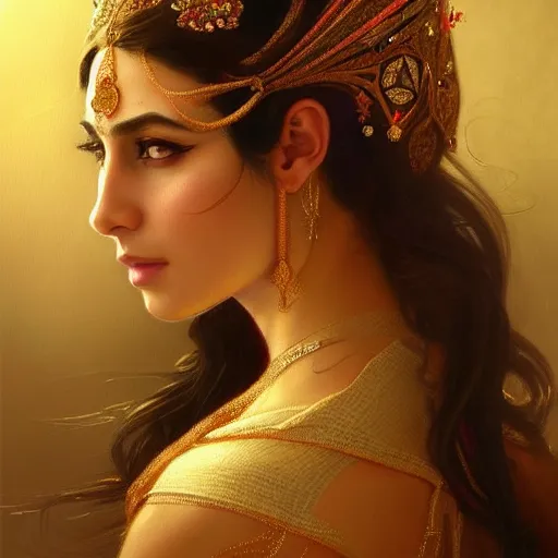 Image similar to Beautiful portrait of a Persian Princess who is an architect, beautiful princess, face painting, beautiful body, attractive, babe, dramatic lighting, intricate, wild, highly detailed, digital painting, artstation, concept art, smooth, sharp focus, illustration, art by artgerm and greg rutkowski and alphonse mucha, footage from space camera