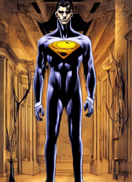 Image similar to aesthetic digital illustration of a handsome young man standing in an empty white room by brian bolland, rachel birkett, alex ross, and neal adams | sinister, dangerous, character concept, concept art, unreal engine, finalrender, centered, deviantart, artgerm