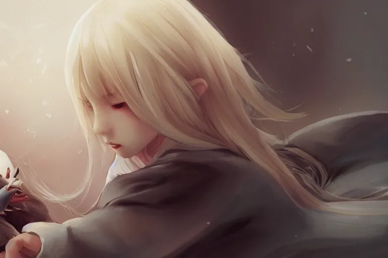 Prompt: a blonde girl playing with white bird, gloomy, highly detailed, digital painting, artstation, concept art, smooth, sharp focus, illustration, art by CLAMP, Hino Matsuri