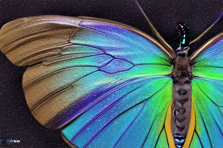 Prompt: iridescent butterfly wing, extreme macro photography, by Thomas Kincade, Richard Sigamani, 8k photorealistic, HD, high details, concept art, trending on artstation