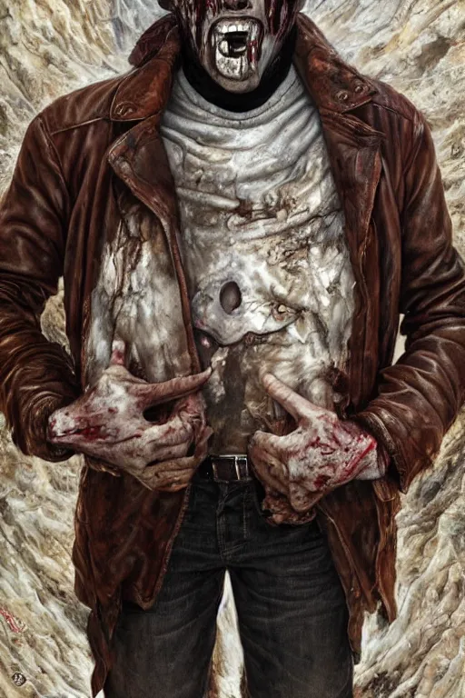 Image similar to a man with a black eye and bloody face wearing a brown leather jacket with a white fur collar. art by tomasz alen kopera and glenn fabry.