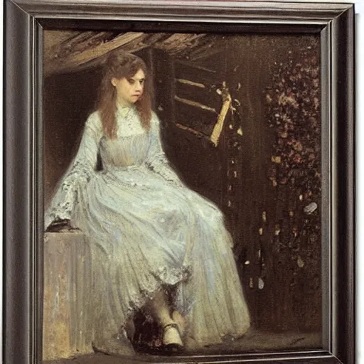 Image similar to young victorian lady lost in a dungeon, by alfred stevens