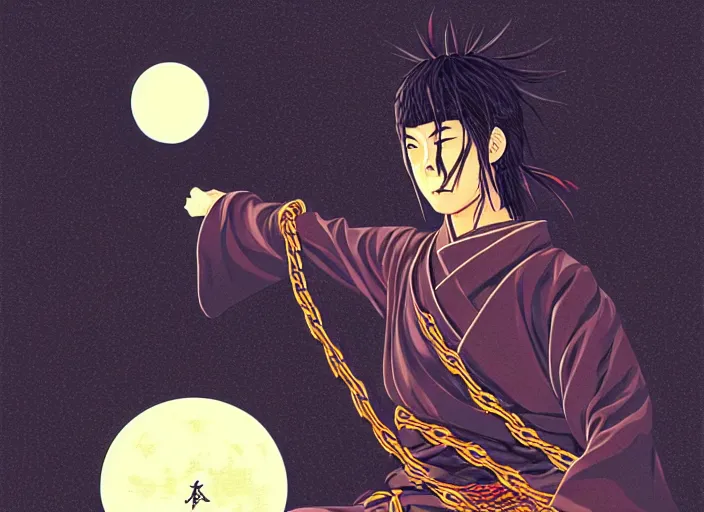 Prompt: samurai vagabond WITH A MOON BEHIND , HAS 4 HANDS ARMS AND IS WRAPPED IN CHAINS, manga,detailed, studio lighting, gradation,editorial illustration, matte print, Ilya Kuvshinov, concept art, digital