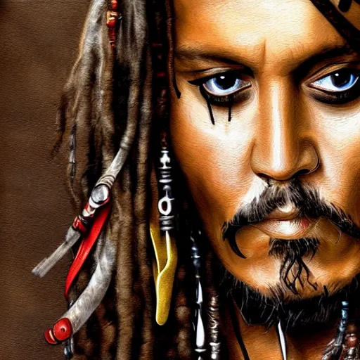 Image similar to portrait of johnny depp as captain jack sparrow, highly detailed, centered, solid color background, digital painting