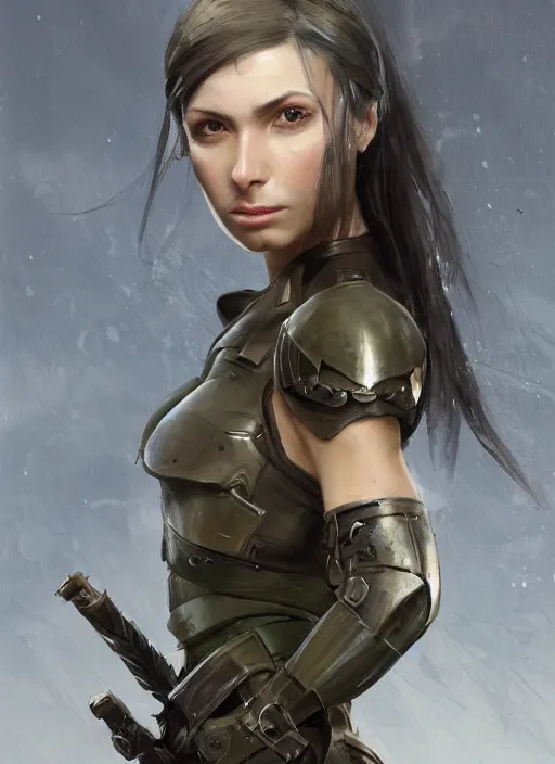 Image similar to a professionally painting of an attractive young female, partially dressed in military armor, olive skin, long dark hair, beautiful bone structure, perfectly proportioned, symmetrical facial features, intricate, elegant, heroic pose, digital painting, concept art, illustration, sketch-like, sharp focus, finely detailed, from Metal Gear, by Ruan Jia and Mandy Jurgens and William-Adolphe Bouguerea