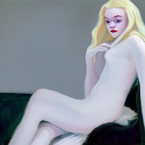 Prompt: Painting of Elle Fanning as a vampire in the snow, long blonde hair, delicate, pale milky white porcelain skin, by Edward Hopper. 8K. Extremely detailed.