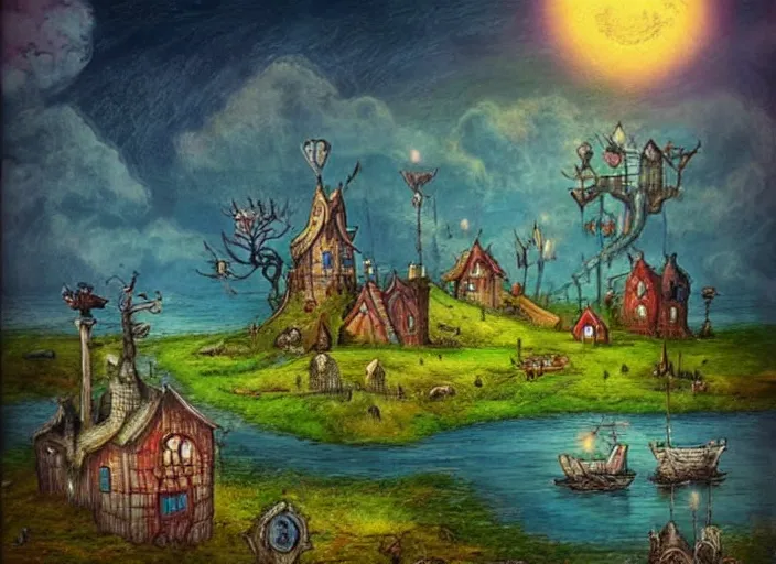 Image similar to a fantasy landscape with houses around a big lake, lowbrow in the style of alexander jansson,