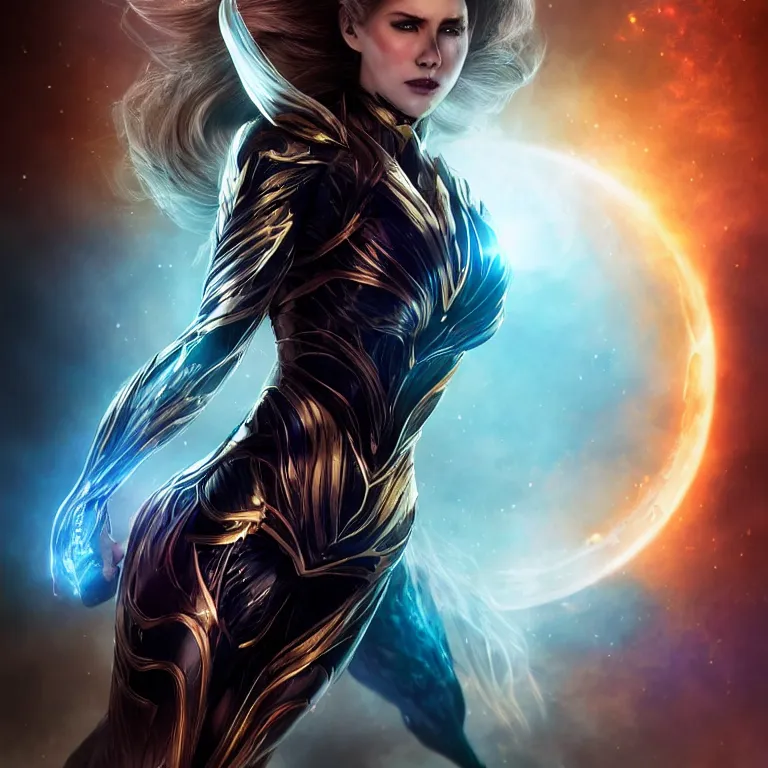 Image similar to beautiful cinematic fantasy poster, a beautiful woman in a superhero suit with a dramatic pose, beautiful glowing galaxy eyes, wideshot ultrawide angle epic scale, hybrid from The Elden Ring and art direction by Darius Zawadzki ;by artgerm; wayne reynolds art station; cinematic quality character render; low angle; ultra high quality model; production quality cinema model;