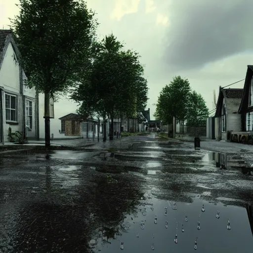 Image similar to still photo of rain puddles and reflections in a village, cloudy weather, highly detailed, photorealistic shot, bright studio setting, studio lighting, crisp quality and light reflections, unreal engine 5 quality render