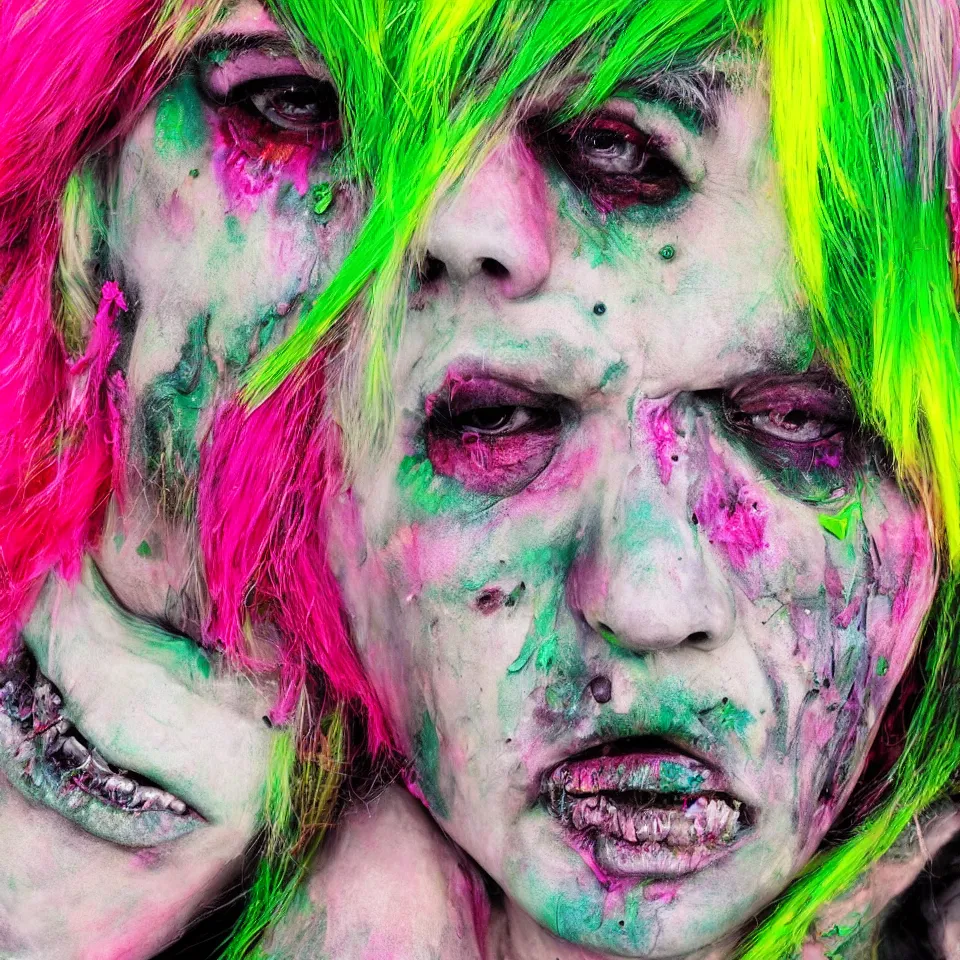 Prompt: ultra realistic portrait of a punk rock zombie with green skin and pink crystalline hair, multicolored background, vivid colors, dramatic lighting, intricately detailed, baroque