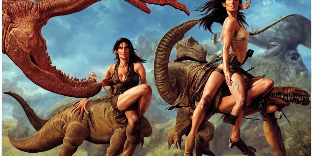 Image similar to Sandra Bullock as Lara Croft mounted and riding a large dinosaur, Boris Vallejo, Julie Bell