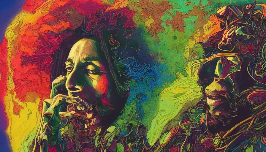 Prompt: colourful bob marley smoking a blunt, marijuana leaf art, afrofuturist biomorphic opart flowing scifi background, octane render 8 k, pascal blanche, josh kirby, roger dean, james jean, giger, arthur rackham, moebius, syd mead, killian eng beksinski, greg hildebrandt, scifi, 8 k