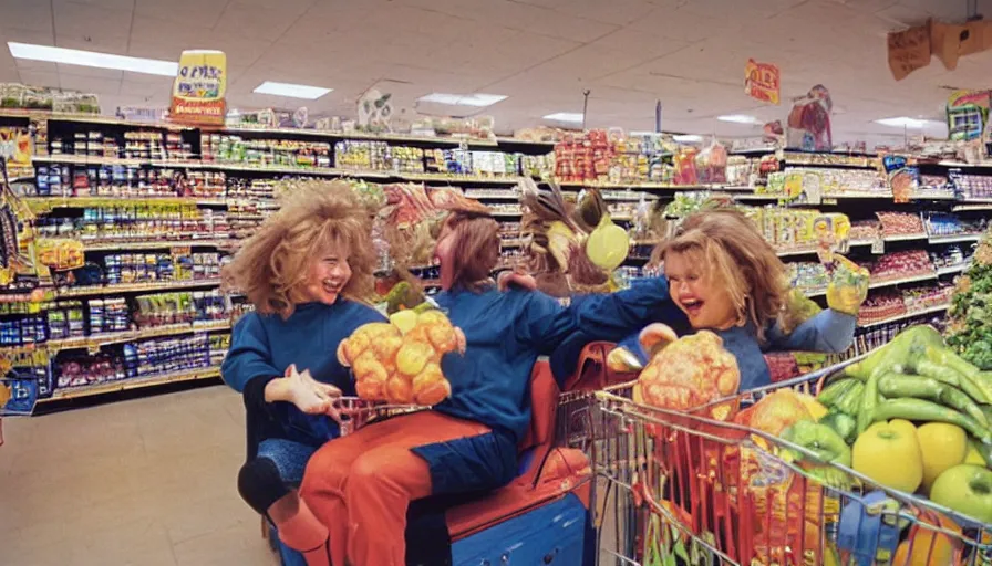 Prompt: 1990s candid photo of a beautiful day at the grocery store, cinematic lighting, cinematic look, golden hour, large costumed mascot business people giving space presentations to families, Enormous personified business people with outstandingly happy faces coming out of a portal and talking to families about space, UHD